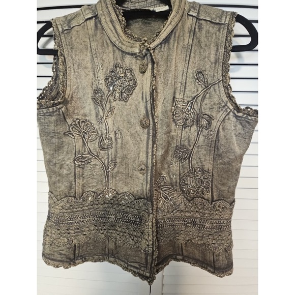 Urban Tribe Vintage Black Wash Grey Embroidered Floral Pattern Button Up Vest M - Picture 3 of 3